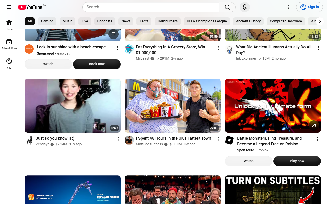 The same YouTube Home with Shorts removed