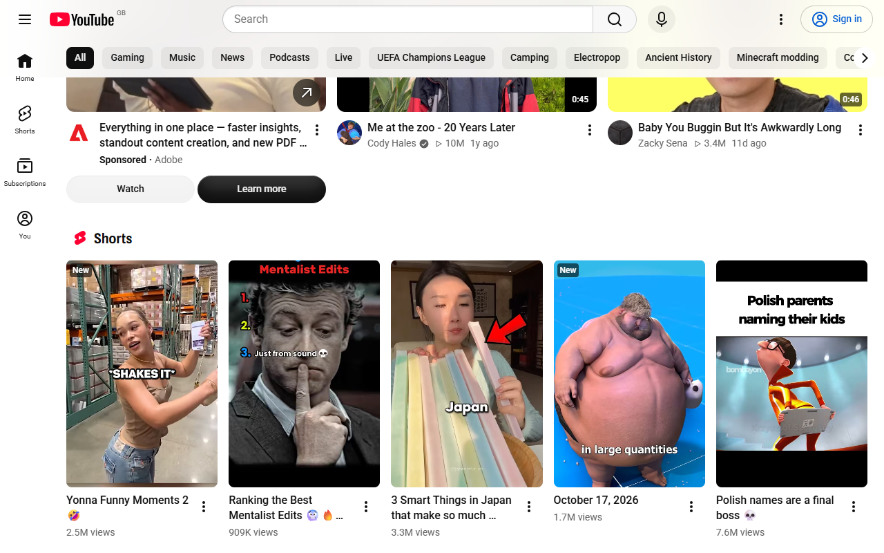 YouTube Home with a Shorts shelf and Shorts in the sidebar